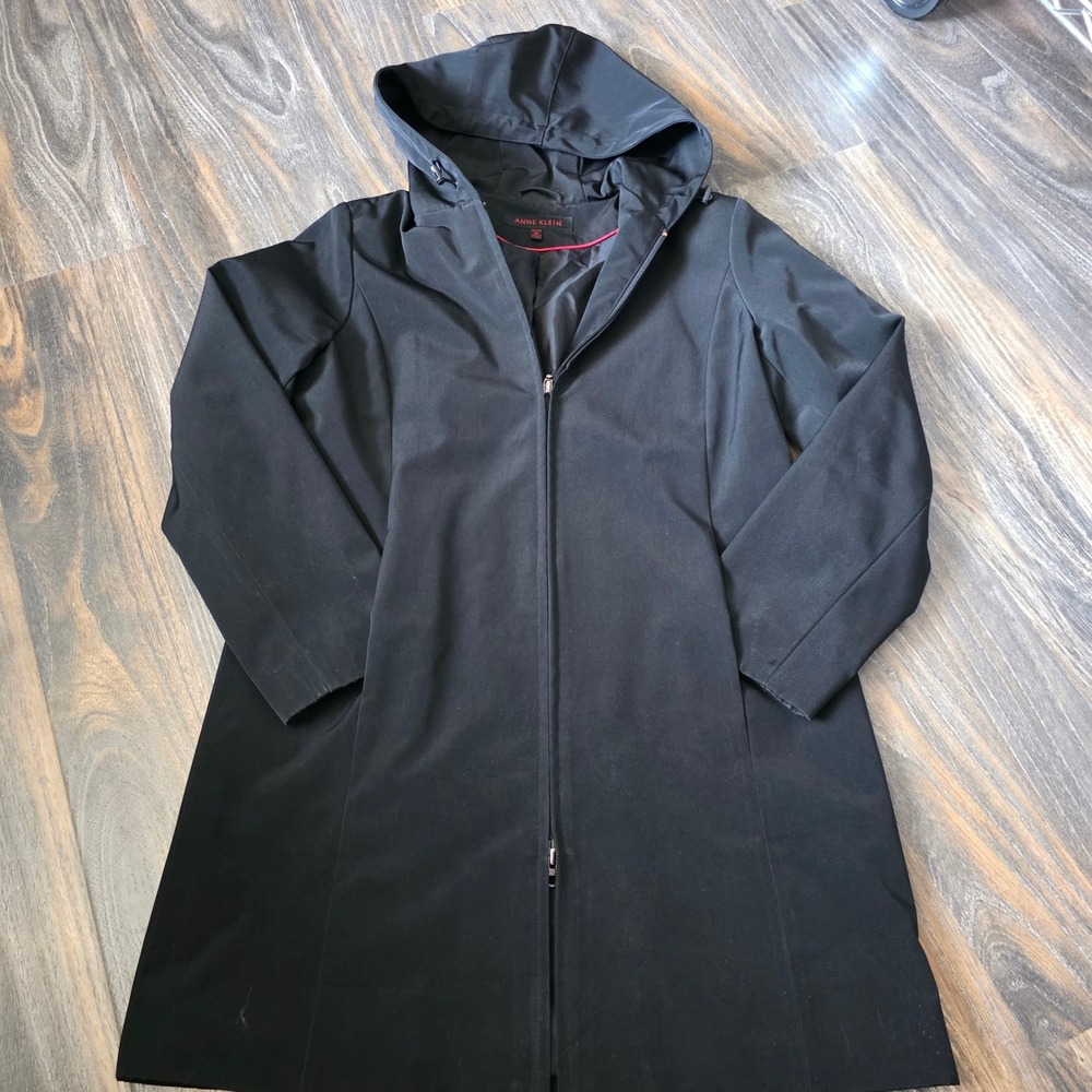 Anne Klein Womens Black Hooded Zip Front Trench Coat Jacket Medium Petite MP